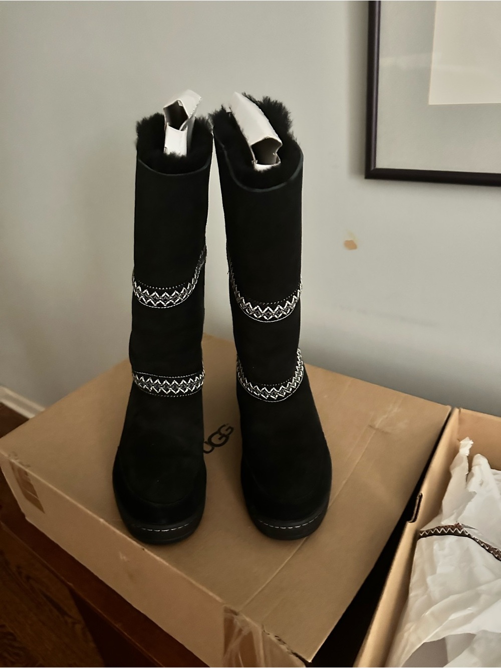 UGG Black Suede Tall Shearling-Trimmed Heeled Boots Sundance Revival